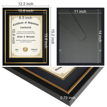Load image into Gallery viewer, CREKERT Diploma Frame 11x14 Picture Frame Solid Wood Shatter-Resistant Glass for Documents Certificate Blackgold Frame 8.5x11 with Mat (Black Mat, 1 Pack)