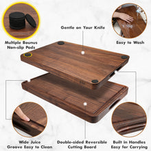 Load image into Gallery viewer, AZRHOM Small Walnut Wood Cutting Board for Kitchen Cheese Charcuterie Board (Gift Box) Multipurpose Reversible Butcher Block with Non-slip Mats, Handles and Juice Groove 12x8
