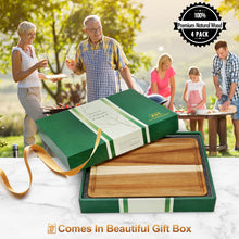 Load image into Gallery viewer, AZRHOM Large Wood Cutting Boards Set of 4 for Kitchen Cheese Charcuterie Board (Gift Box Included) Acacia Butcher Block with Non-slip Mats, Juice Groove and Handles (16x12, 14x10, double 11x8 inch)