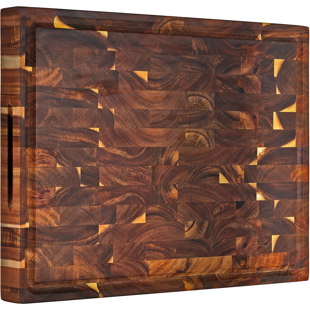 AZRHOM Acacia End Grain Cutting Board 17x13 Reversible Wood Butcher Block, Large Thick Chopping Board For Kitchen With Juice Groove & Handles (Gift Box)