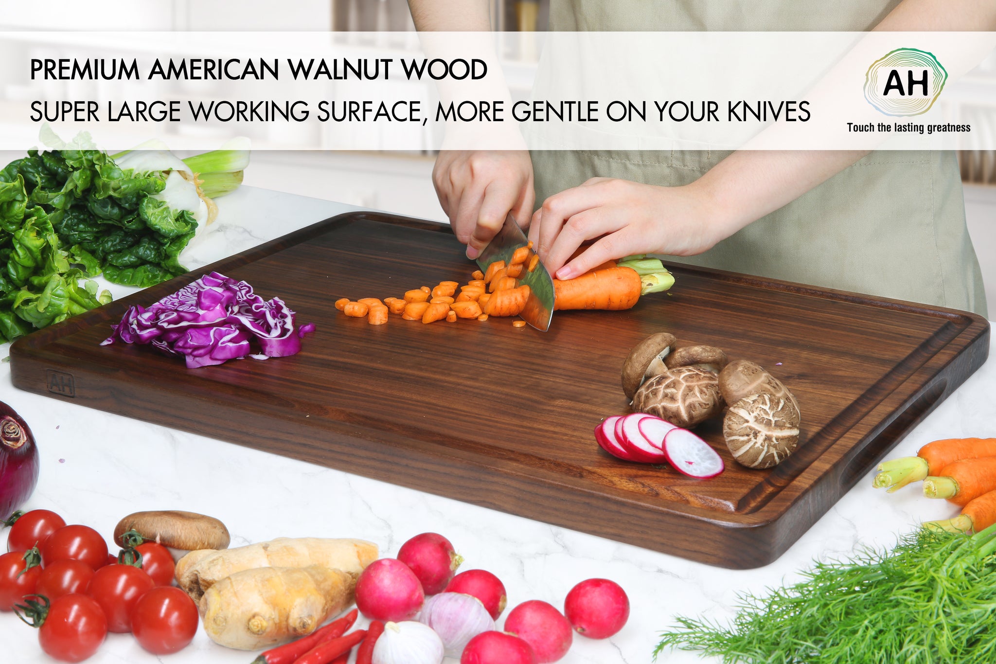 AZRHOM Large Wood Cutting Boards Set of 4 for Kitchen Cheese