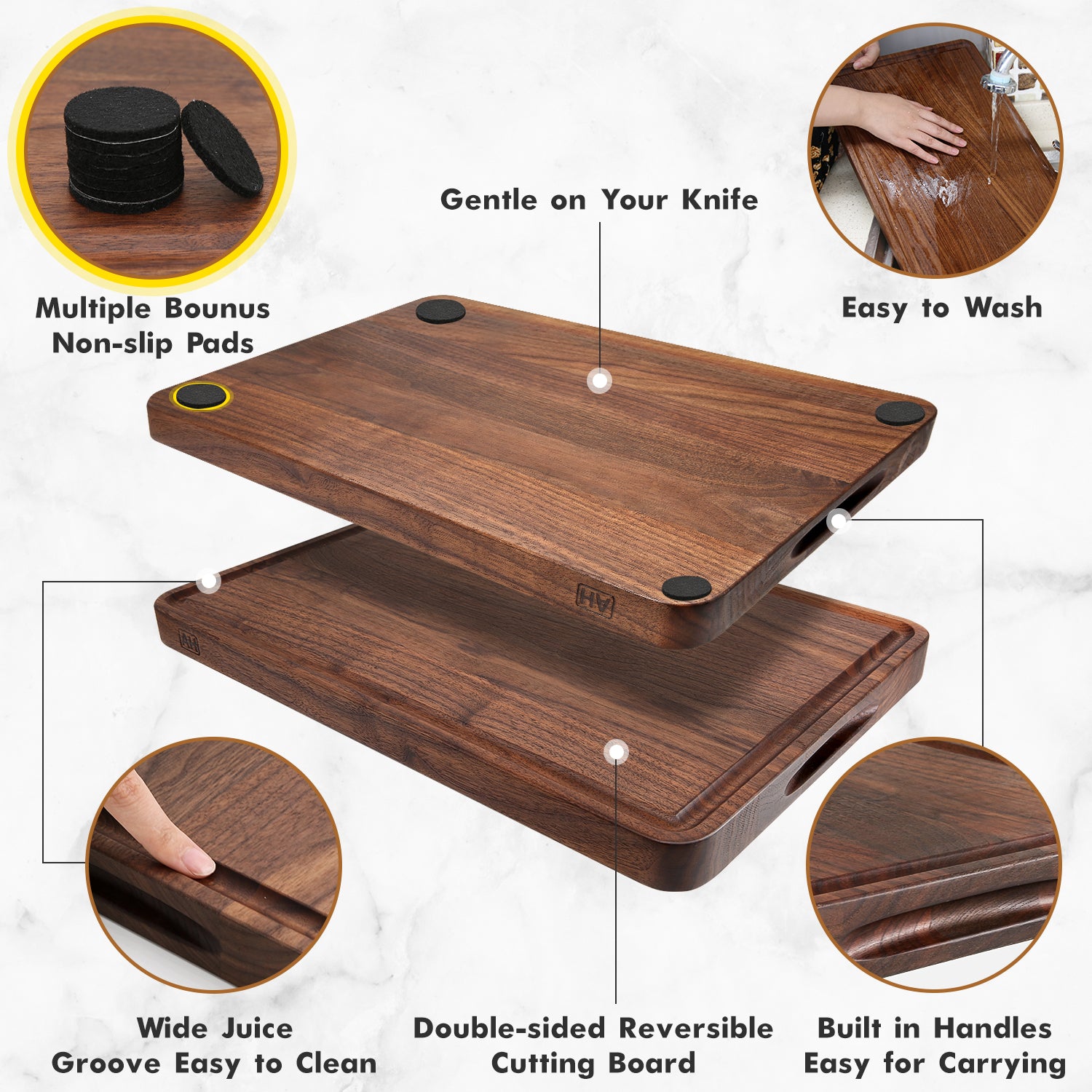 Extra Large Walnut Cutting Board With Rubber Feet, Pocket Handles, and –  Refine Kitchenware